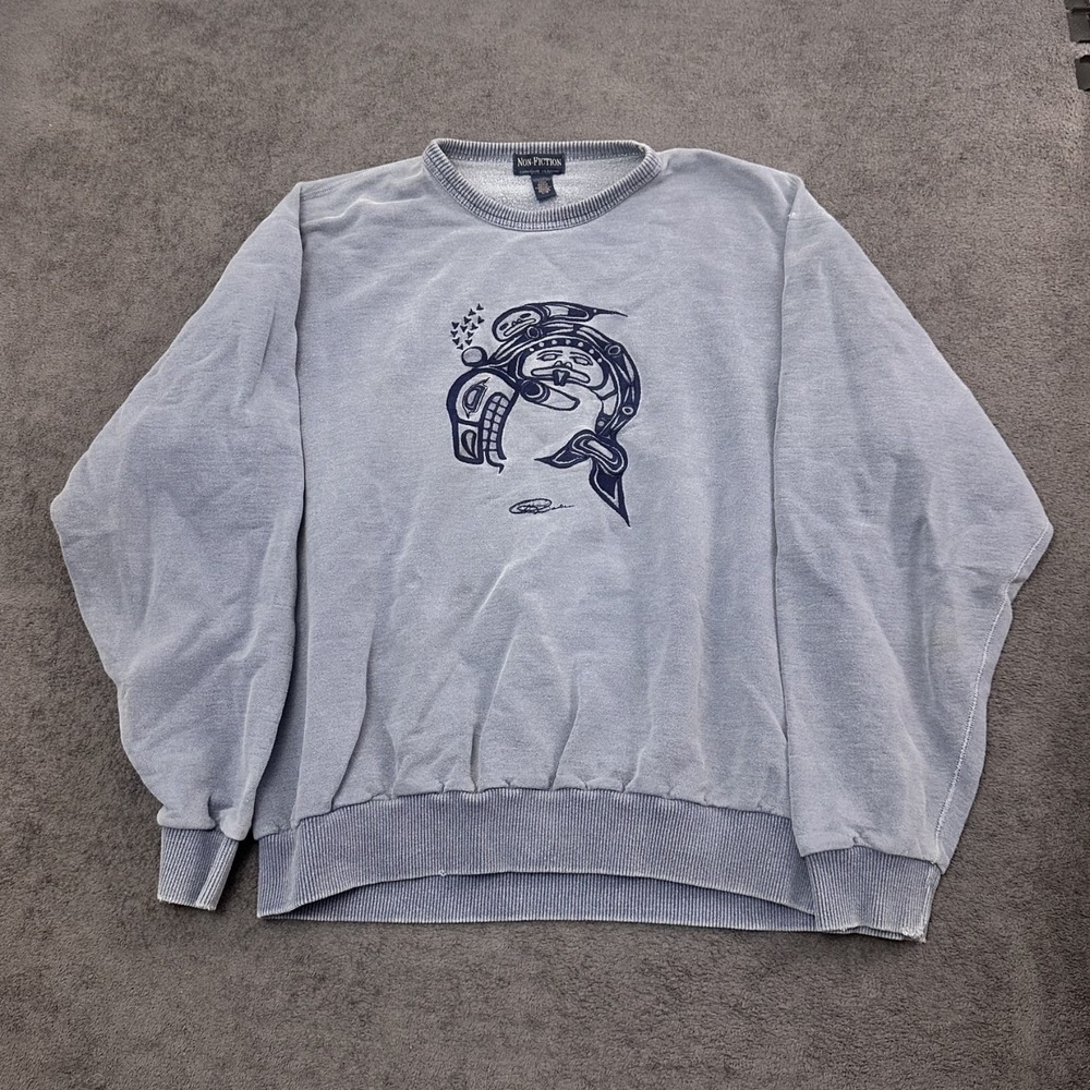 Vintage PNW Tribal art crewneck pullover sweatshirt Mens size Large Faded Blue